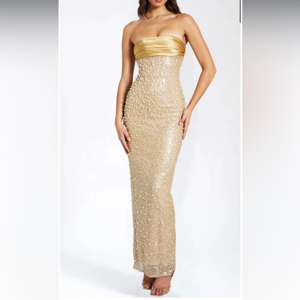 NWT Oh Cici Gold Satin Sequin Pearl Maxi Dress